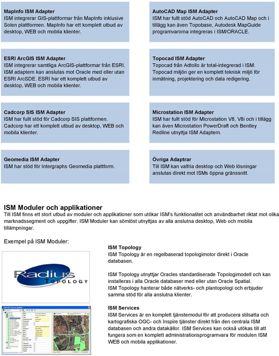 ESRI ArcGIS ISM Adapter ISM integrerar samtliga ArcGIS-plattformar från ESRI. ISM adaptern kan anslutas mot Oracle med eller utan ESRI ArcSDE.