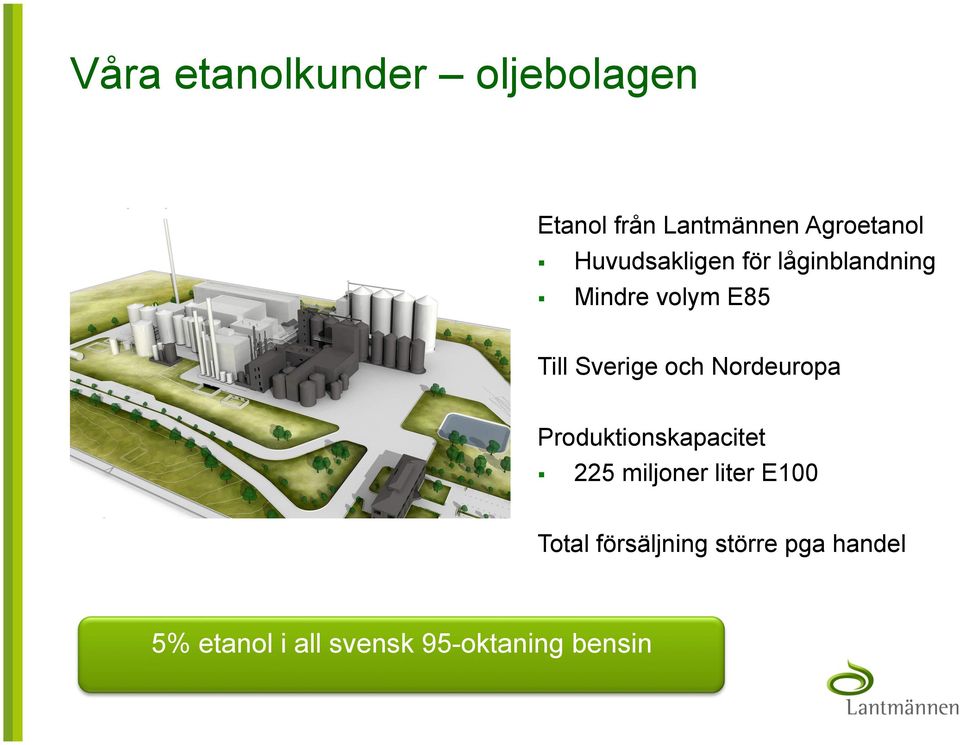 Nordeuropa Produktionskapacitet 225 miljoner liter E100 Total försäljning