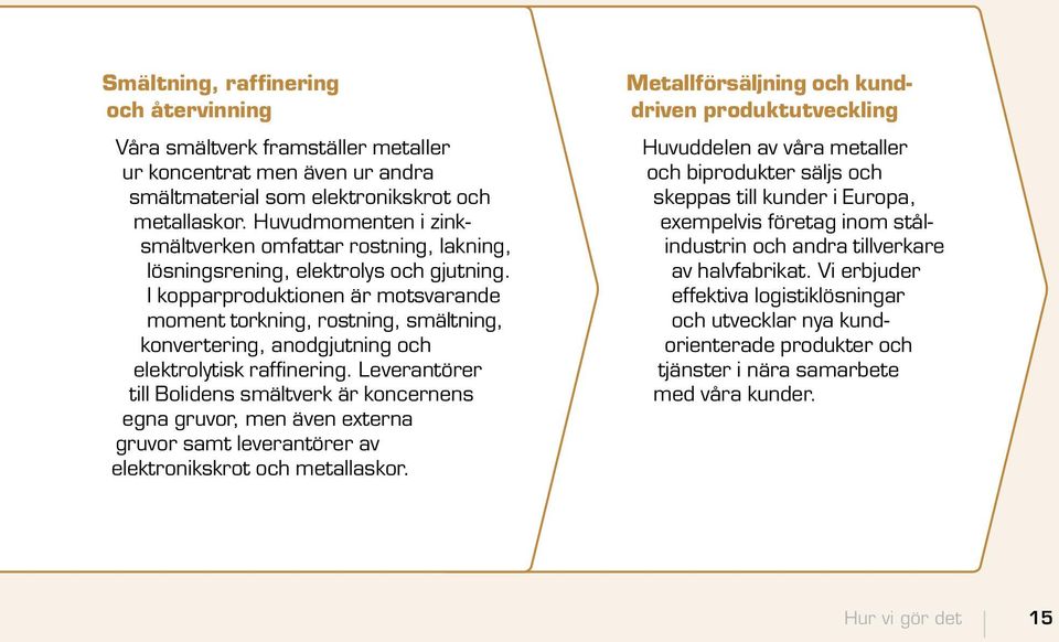 I kopparproduktionen är motsvarande moment torkning, rostning, smältning, konvertering, anodgjutning och elektro lytisk raffinering.