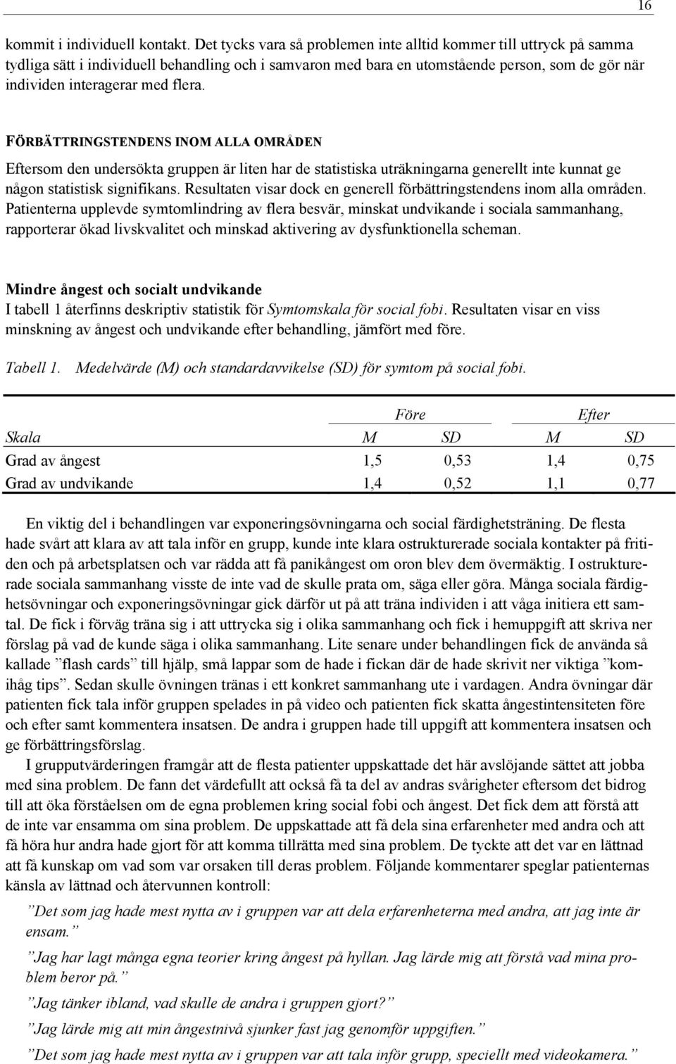 flera. FÖRBÄTTRINGSTENDENS INOM ALLA OMRÅDEN Eftersom den undersökta gruppen är liten har de statistiska uträkningarna generellt inte kunnat ge någon statistisk signifikans.