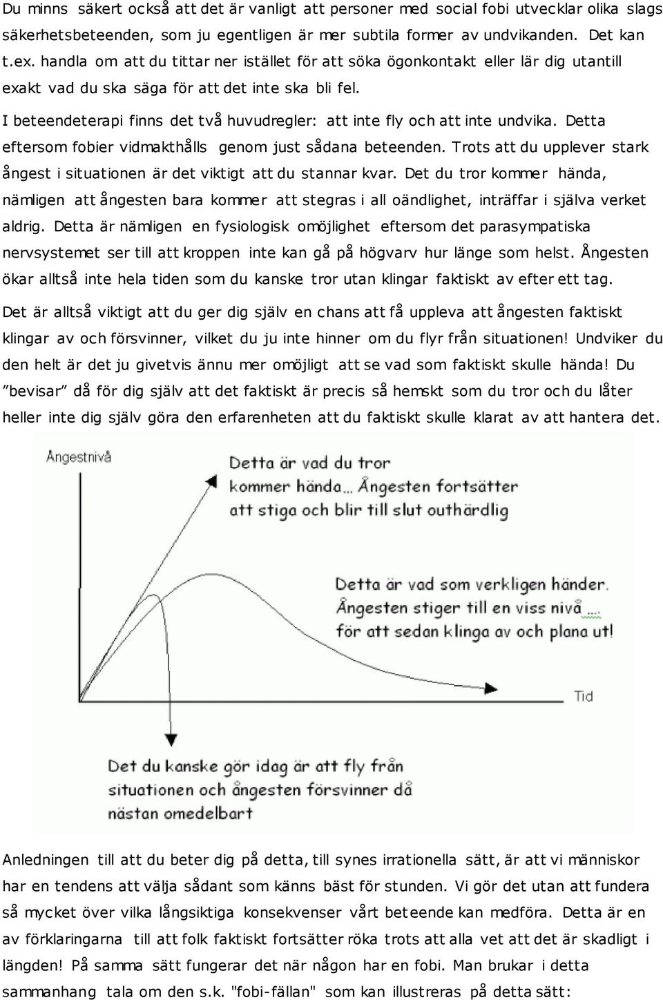 I beteendeterapi finns det två huvudregler: att inte fly och att inte undvika. Detta eftersom fobier vidmakthålls genom just sådana beteenden.