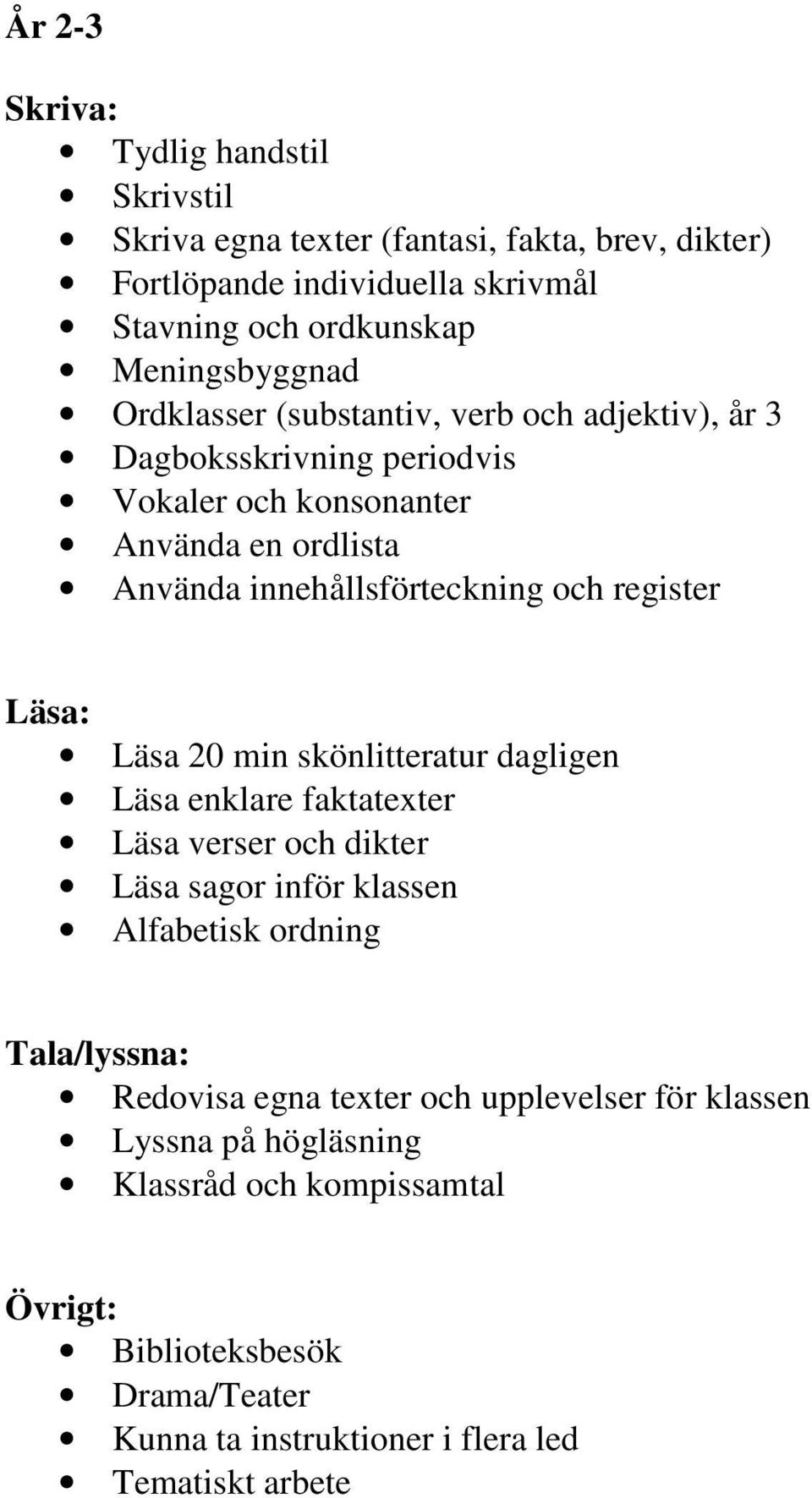 innehållsförteckning och register Läsa 20 min skönlitteratur dagligen Läsa enklare faktatexter Läsa verser och dikter Läsa sagor inför klassen