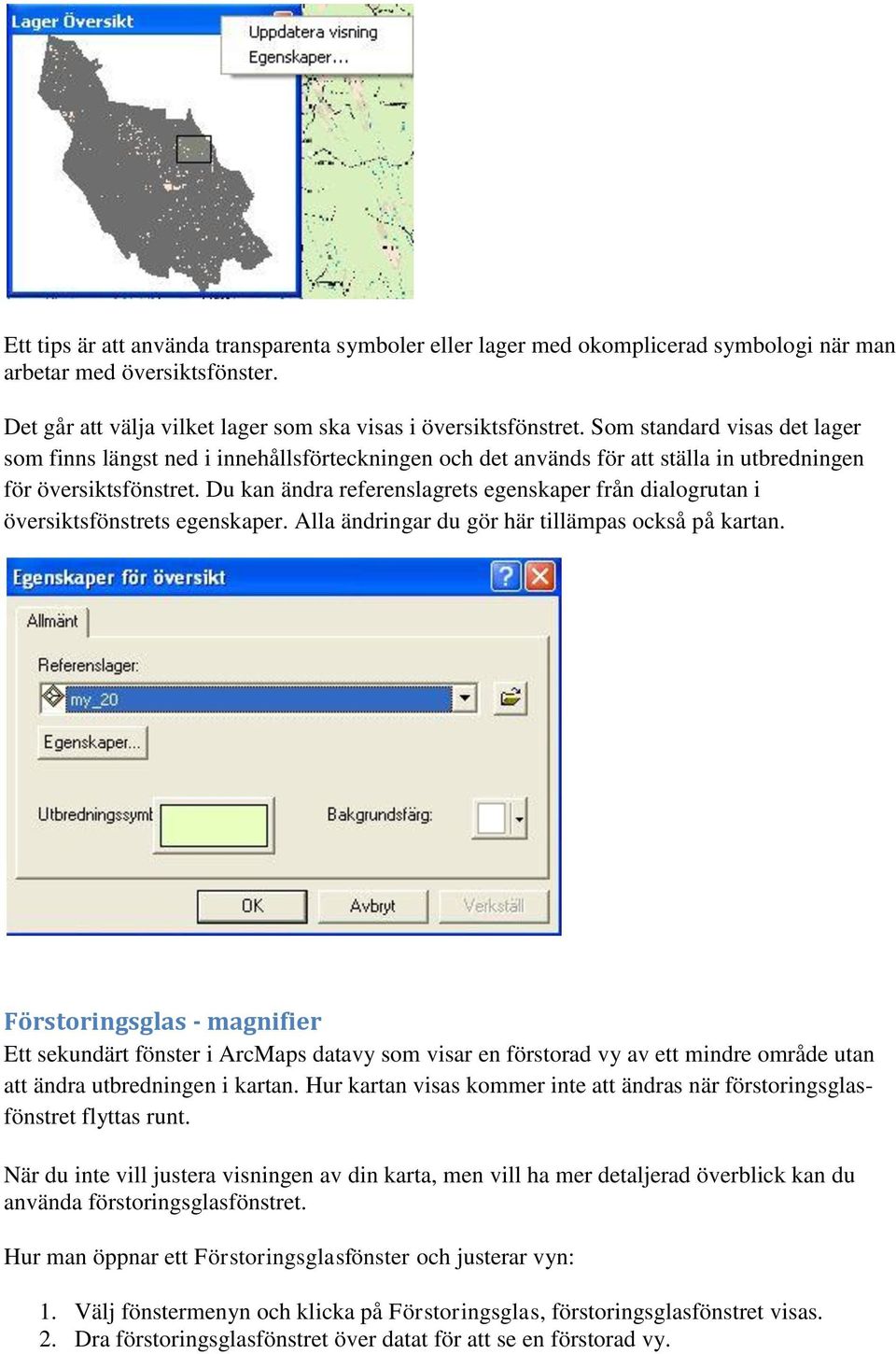 Du kan ändra referenslagrets egenskaper från dialogrutan i översiktsfönstrets egenskaper. Alla ändringar du gör här tillämpas också på kartan.