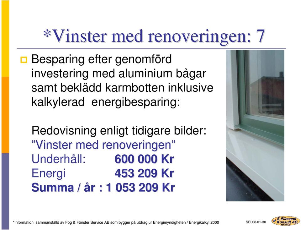 Vinster med renoveringen Underhåll: 600 000 Kr Energi 453 209 Kr Summa / år r : 1 053 209 Kr