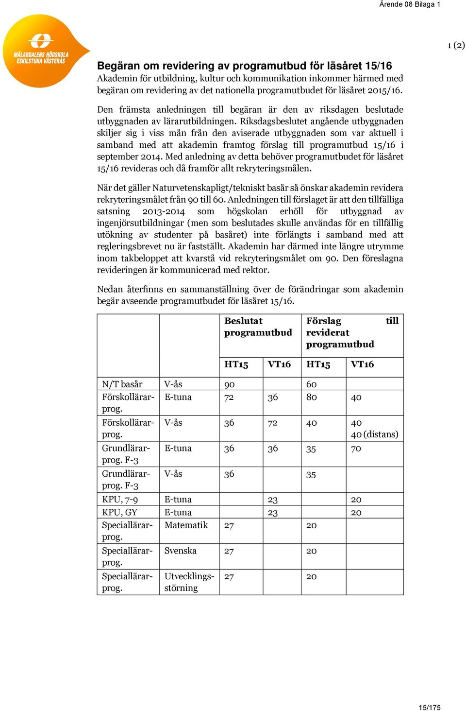 Riksdagsbeslutet angående utbyggnaden skiljer sig i viss mån från den aviserade utbyggnaden som var aktuell i samband med att akademin framtog förslag till programutbud 15/16 i september 2014.