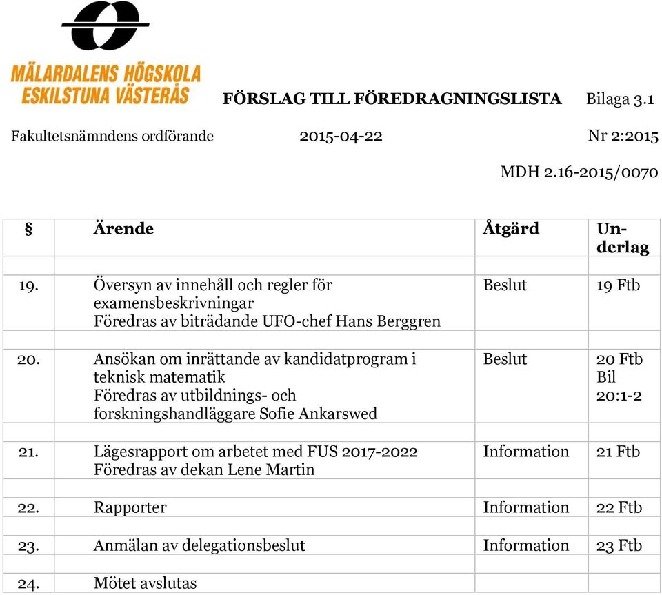 Ansökan om inrättande av kandidatprogram i teknisk matematik Föredras av utbildnings- och forskningshandläggare Sofie Ankarswed 21.