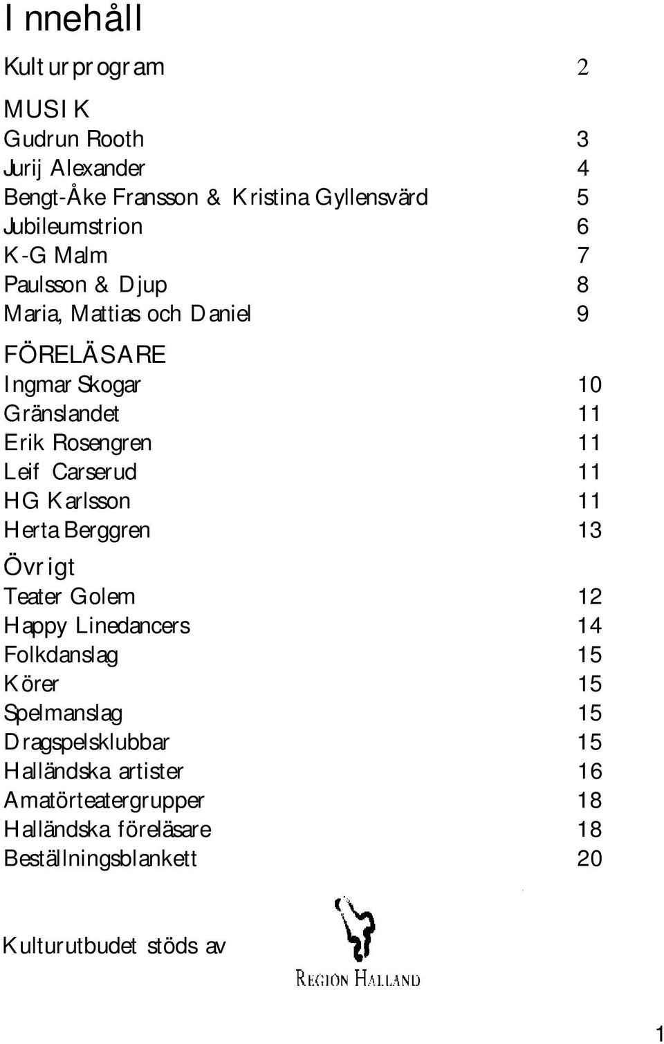 11 HG Karlsson 11 Herta Berggren 13 Övrigt Teater Golem 12 Happy Linedancers 14 Folkdanslag 15 Körer 15 Spelmanslag 15