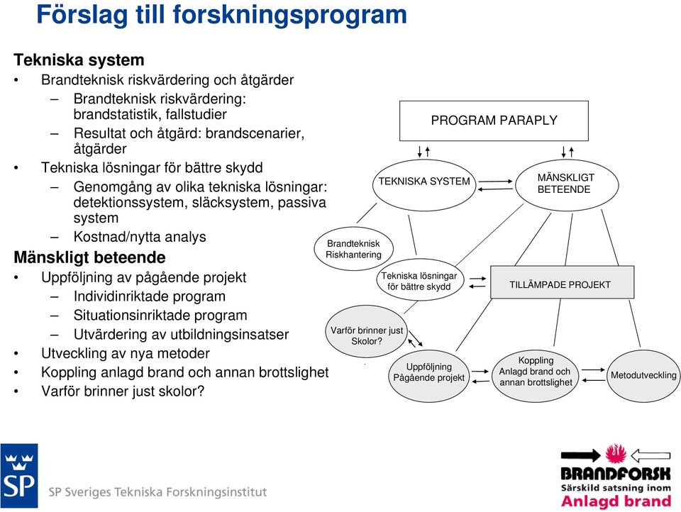 Individinriktade program Situationsinriktade program Utvärdering av utbildningsinsatser Utveckling av nya metoder Koppling anlagd brand och annan brottslighet Varför brinner just skolor?