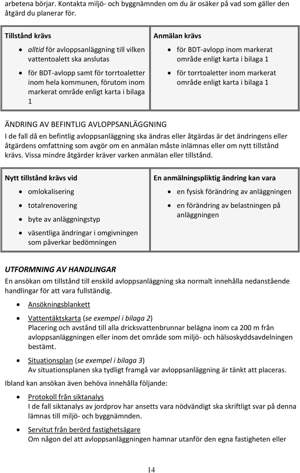 Anmälan krävs för BDT-avlopp inom markerat område enligt karta i bilaga 1 för torrtoaletter inom markerat område enligt karta i bilaga 1 ÄNDRING AV BEFINTLIG AVLOPPSANLÄGGNING I de fall då en