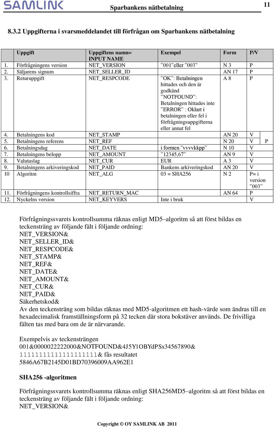 Returuppgift NET_RESPCODE OK : Betalningen A 8 P hittades och den är godkänd NOTFOUND : Betalningen hittades inte ERROR : Oklart i betalningen eller fel i förfrågningsuppgifterna eller annat fel 4.