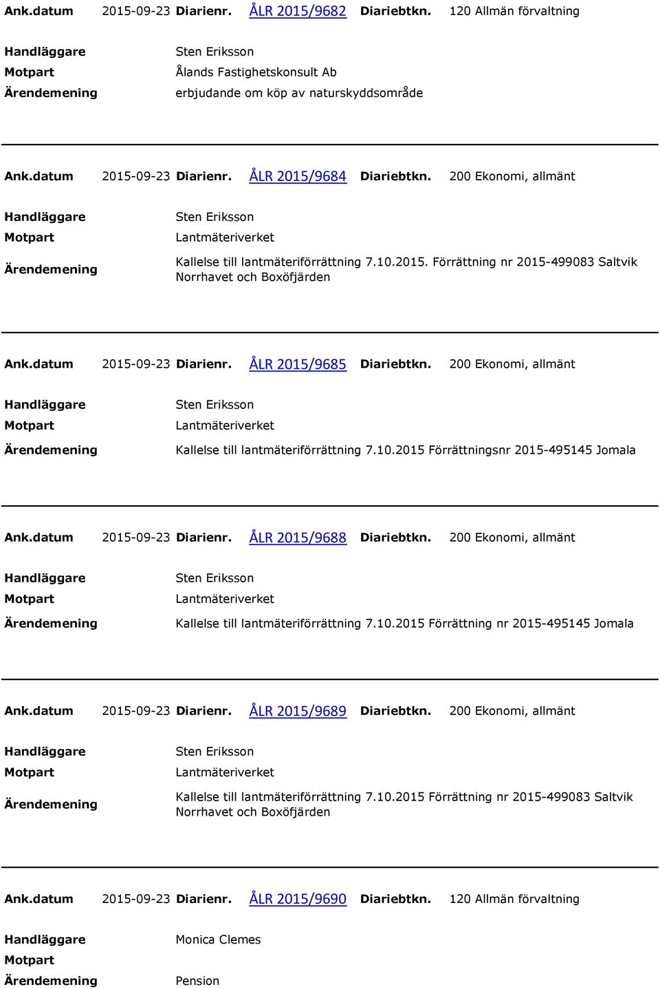 200 Ekonomi, allmänt Kallelse till lantmäteriförrättning 7.10.2015 Förrättningsnr 2015-495145 Jomala Ank.datum 2015-09-23 Diarienr. ÅLR 2015/9688 Diariebtkn.