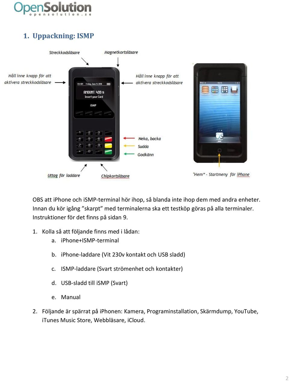 Kolla så att följande finns med i lådan: a. iphone+ismp-terminal b. iphone-laddare (Vit 230v kontakt och USB sladd) c.