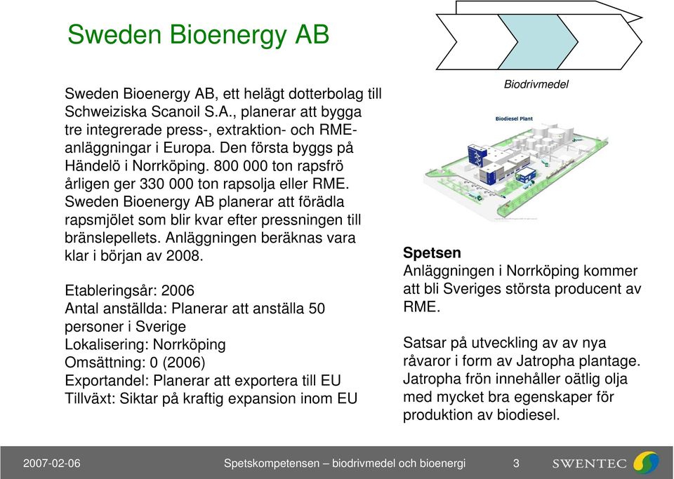 Sweden Bioenergy AB planerar att förädla rapsmjölet som blir kvar efter pressningen till bränslepellets. Anläggningen beräknas vara klar i början av 2008.