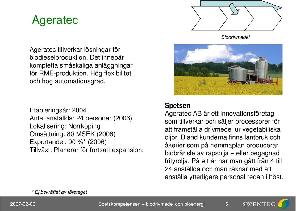 Ageratec AB är ett innovationsföretag som tillverkar och säljer processorer för att framställa drivmedel ur vegetabiliska oljor.