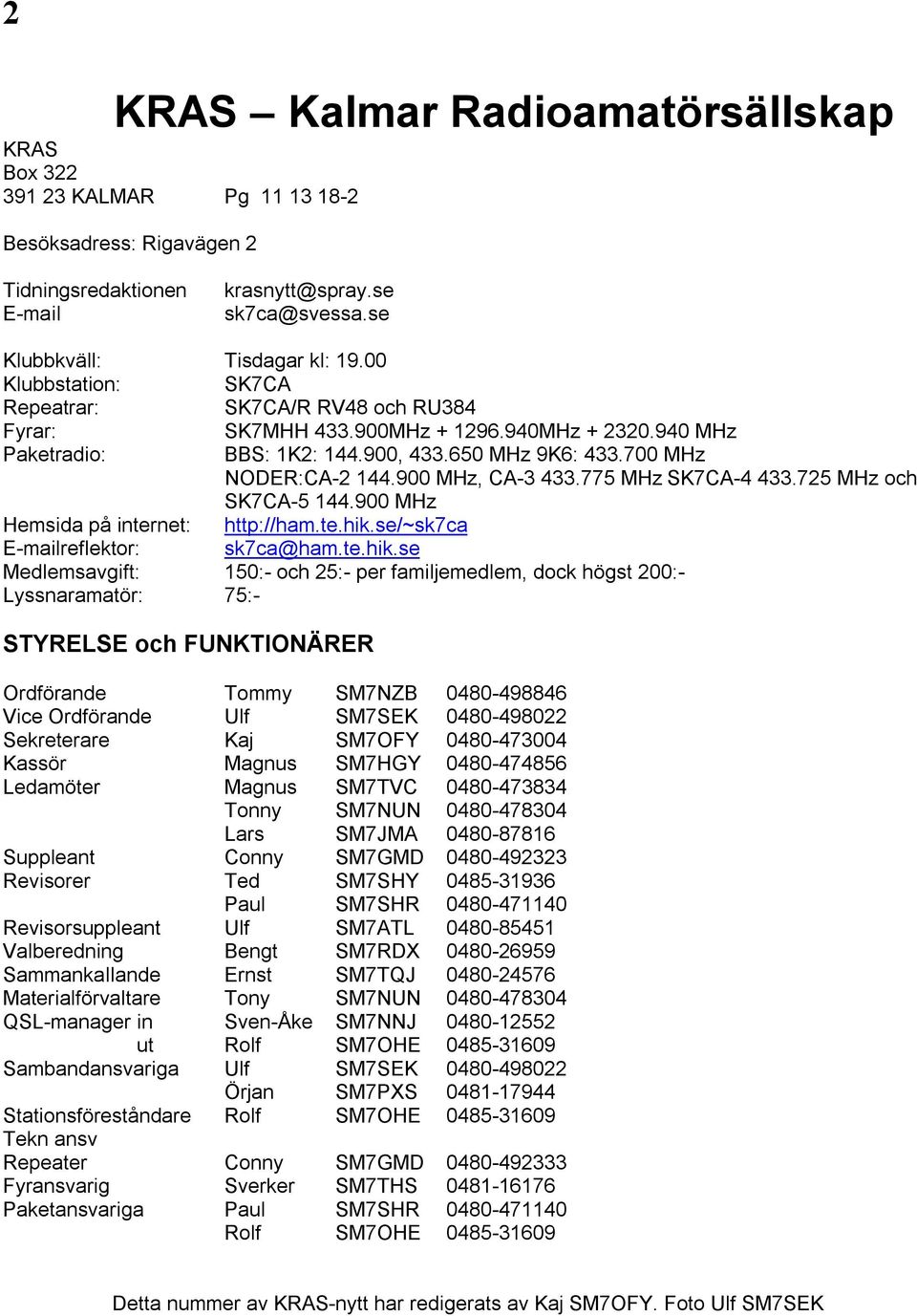 900 MHz, CA-3 433.775 MHz SK7CA-4 433.725 MHz och SK7CA-5 144.900 MHz Hemsida på internet: http://ham.te.hik.