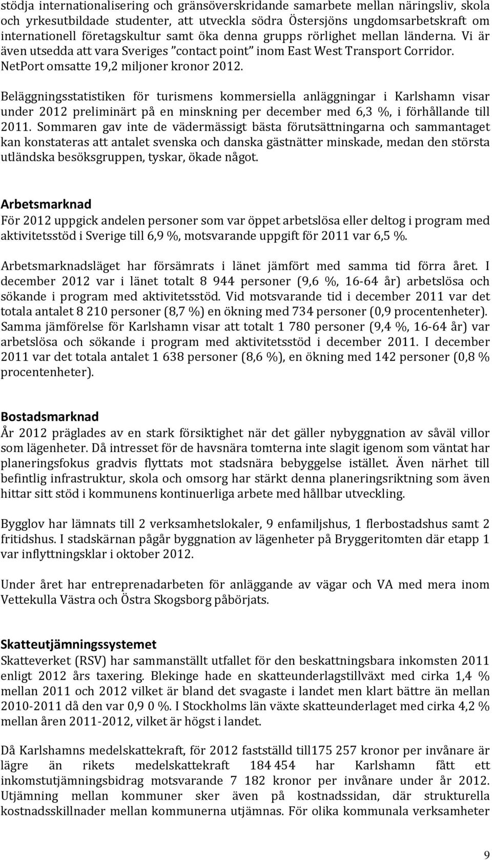 Beläggningsstatistiken för turismens kommersiella anläggningar i Karlshamn visar under 2012 preliminärt på en minskning per december med 6,3 %, i förhållande till 2011.