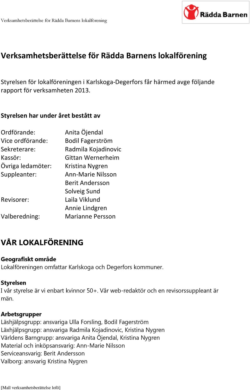 Wernerheim Kristina Nygren Ann-Marie Nilsson Berit Andersson Solveig Sund Laila Viklund Annie Lindgren Marianne Persson VÅR LOKALFÖRENING Geografiskt område Lokalföreningen omfattar Karlskoga och