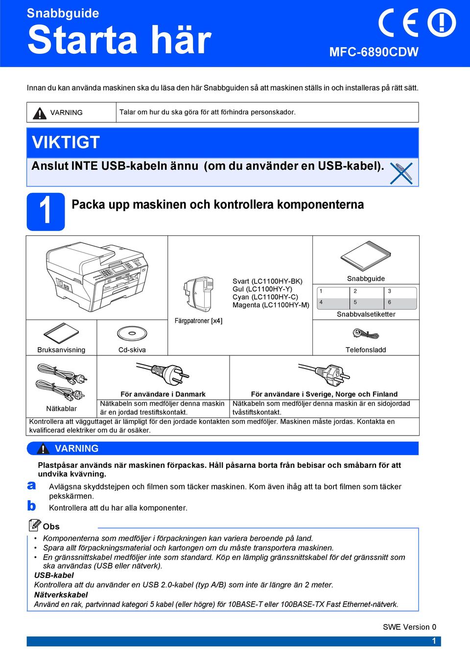 1 Pk upp mskinn oh kontrollr komponntrn Färgptronr [x4] Svrt (LC1100HY-BK) Gul (LC1100HY-Y) Cyn (LC1100HY-C) Mgnt (LC1100HY-M) Sngui Snvlstikttr Bruksnvisning C-skiv Tlfonsl För nvänr i Dnmrk För