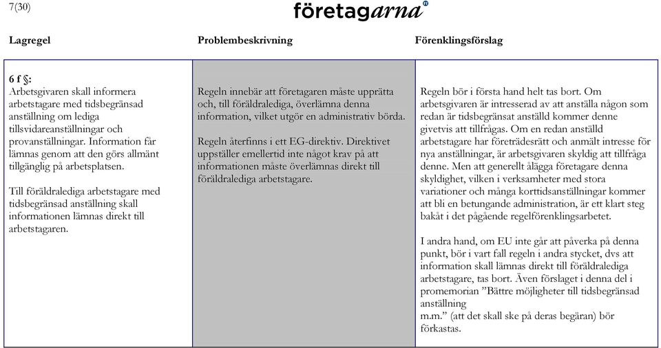 Regeln innebär att företagaren måste upprätta och, till föräldralediga, överlämna denna information, vilket utgör en administrativ börda. Regeln återfinns i ett EG-direktiv.