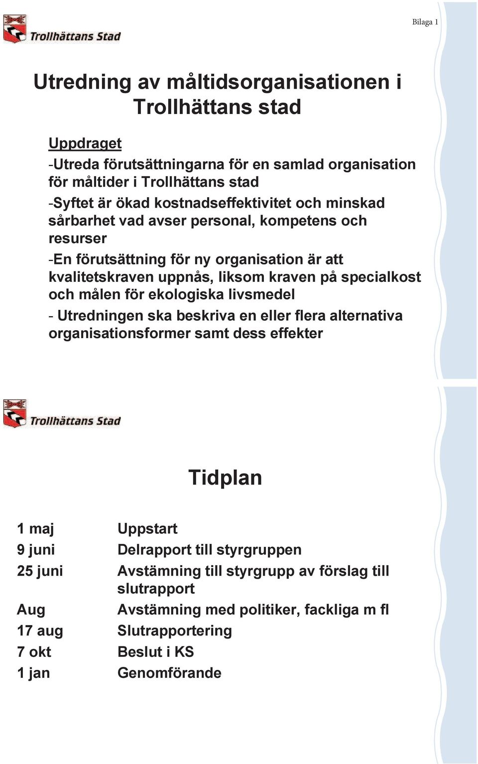 specialkost och målen för ekologiska livsmedel - Utredningen ska beskriva en eller flera alternativa organisationsformer samt dess effekter Tidplan 1 maj Uppstart 9 juni