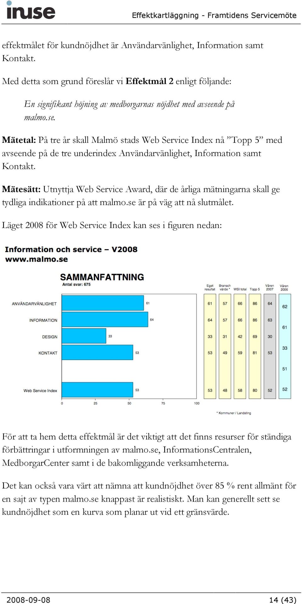 nde på malmo.se. Mätetal: På tre år skall Malmö stads Web Service Index nå Topp 5 med avseende på de tre underindex Användarvänlighet, Information samt Kontakt.