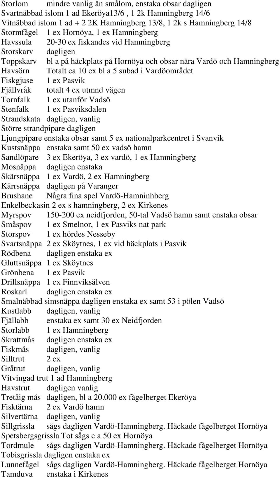 subad i Vardöområdet Fiskgjuse 1 ex Pasvik Fjällvråk totalt 4 ex utmnd vägen Tornfalk 1 ex utanför Vadsö Stenfalk 1 ex Pasviksdalen Strandskata dagligen, vanlig Större strandpipare dagligen