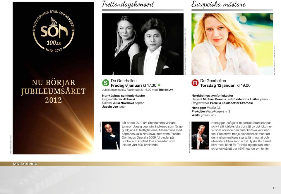 00 Dirigent Nader Abbassi Solister Julia Novikova sopran Jaesig Lee tenor Norrköpings symfoniokester Dirigent Michael Francis, solist Valentina Lisitsa piano Programvärd Pernilla Eskilsdotter Szamosi