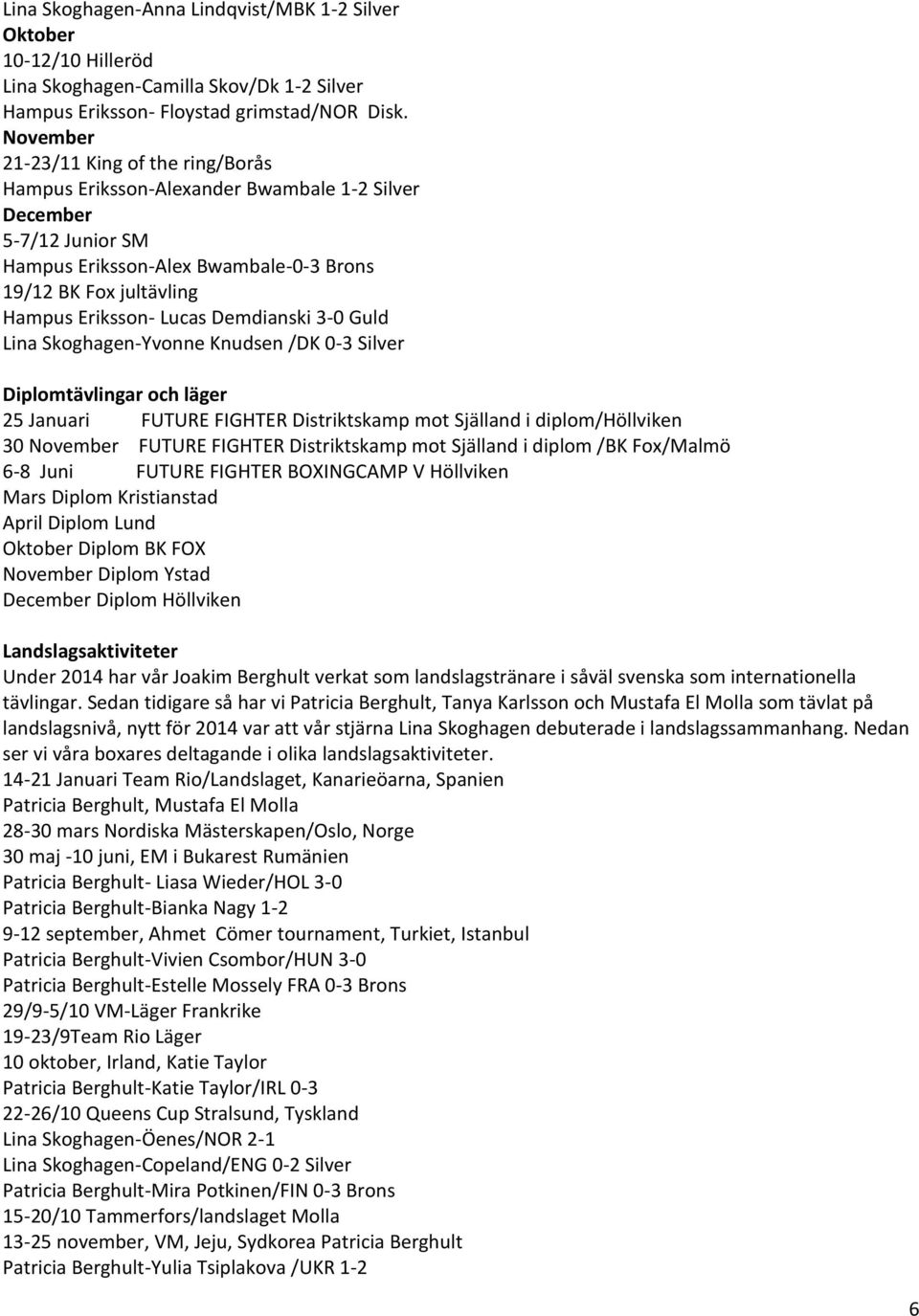 Demdianski 3-0 Guld Lina Skoghagen-Yvonne Knudsen /DK 0-3 Silver Diplomtävlingar och läger 25 Januari FUTURE FIGHTER Distriktskamp mot Själland i diplom/höllviken 30 November FUTURE FIGHTER