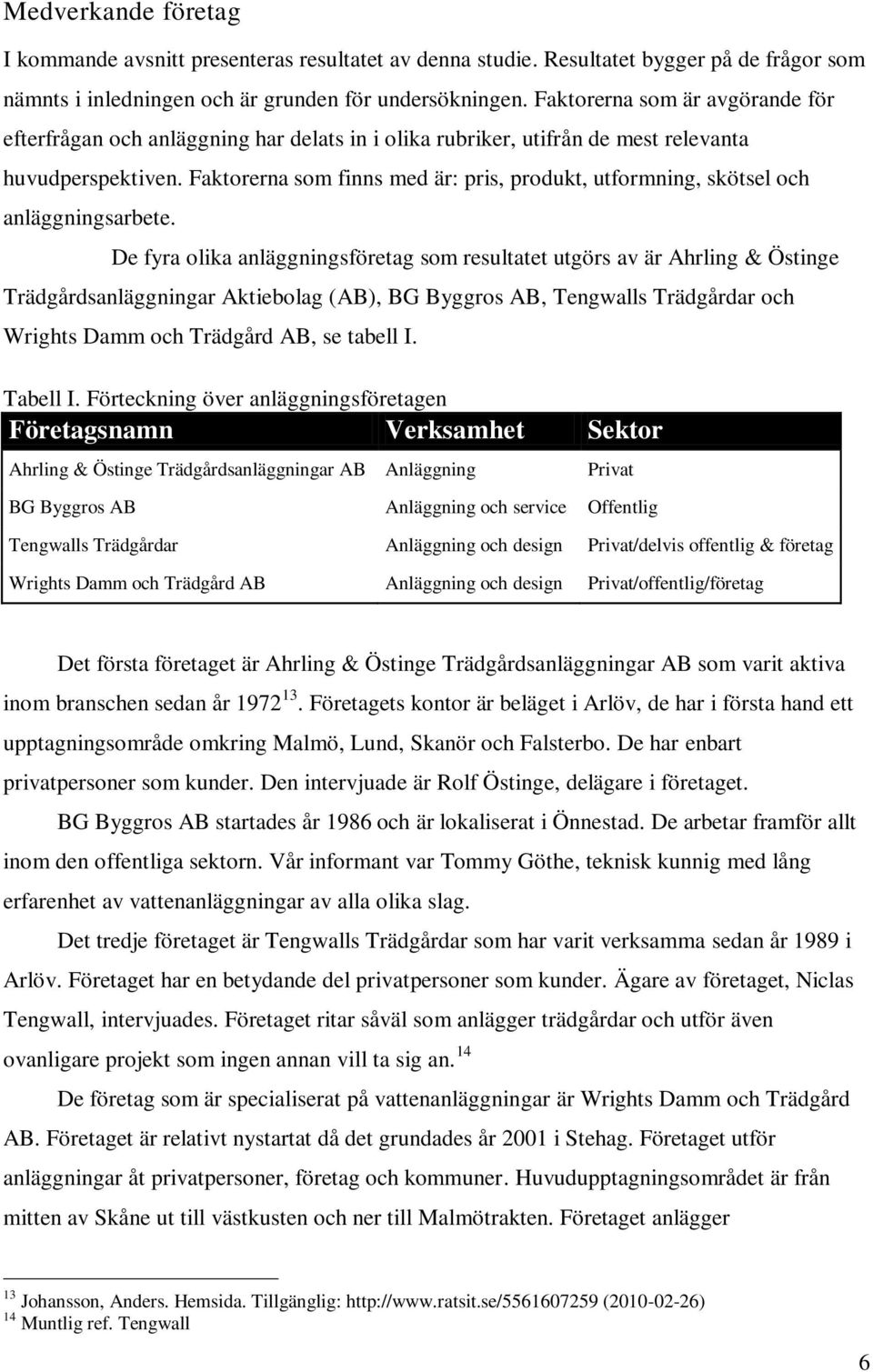 Faktorerna som finns med är: pris, produkt, utformning, skötsel och anläggningsarbete.