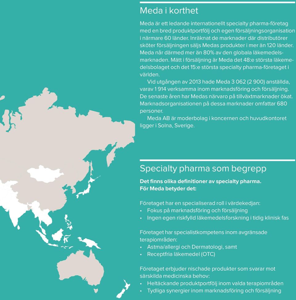 Mätt i försäljning är Meda det 48:e största läkemedelsbolaget och det 15:e största specialty pharma-företaget i världen.