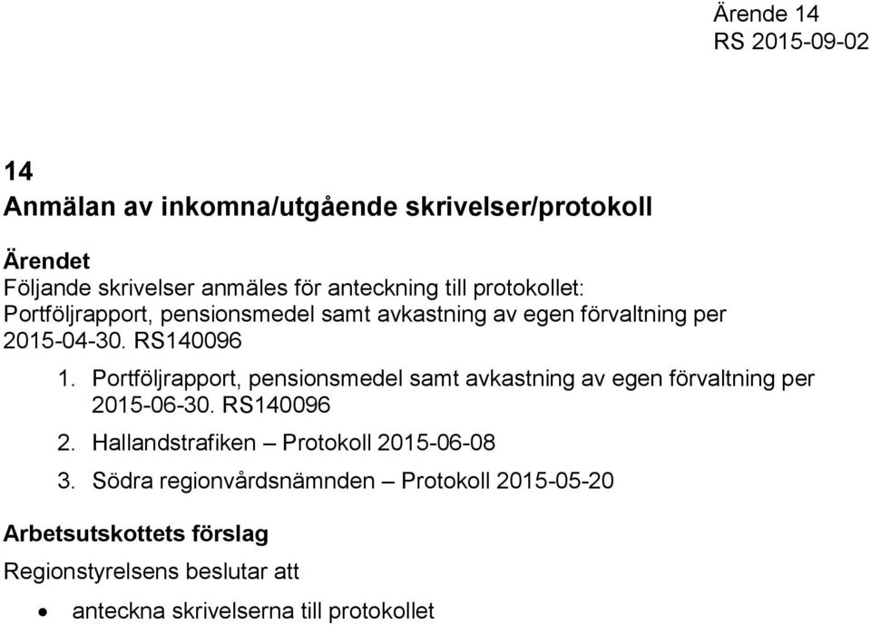 Portföljrapport, pensionsmedel samt avkastning av egen förvaltning per 2015-06-30. RS140096 2.