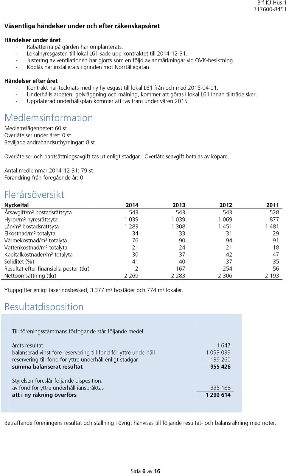 - Kodlås har installerats i grinden mot Norrtäljegatan Händelser efter året - Kontrakt har tecknats med ny hyresgäst till lokal L61 från och med 2015-04-01.