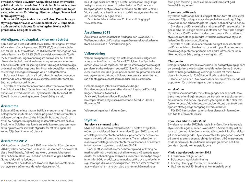 Denna bolagsstyrningsrapport avser verksamhetsåret 2012. Rapporten utgör en del av bolagets förvaltningsberättelse och är granskad av bolagets revisorer.