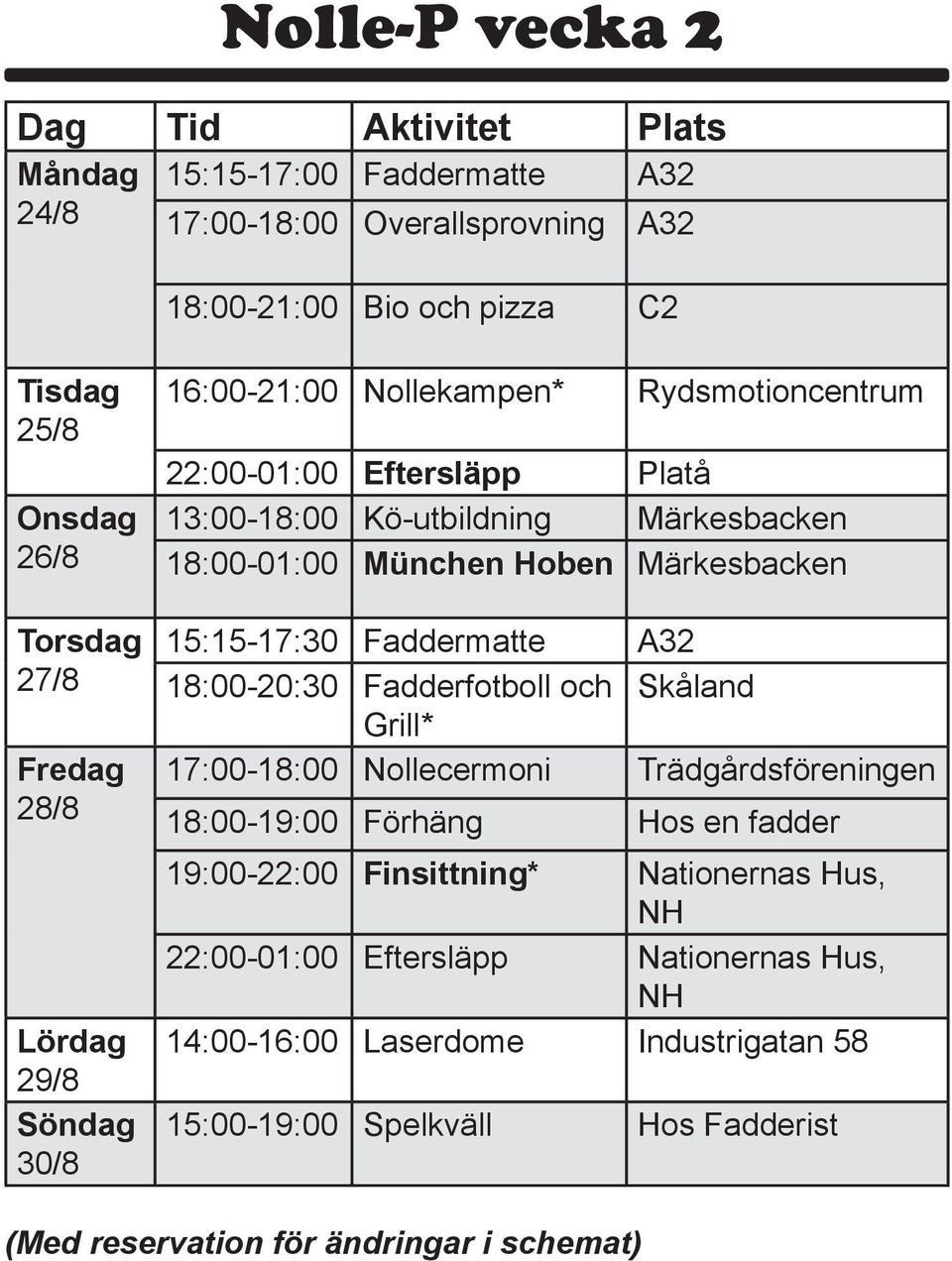 Märkesbacken 15:15-17:30 Faddermatte A32 18:00-20:30 Fadderfotboll och Skåland Grill* 17:00-18:00 Nollecermoni Trädgårdsföreningen 18:00-19:00 Förhäng Hos en fadder 19:00-22:00