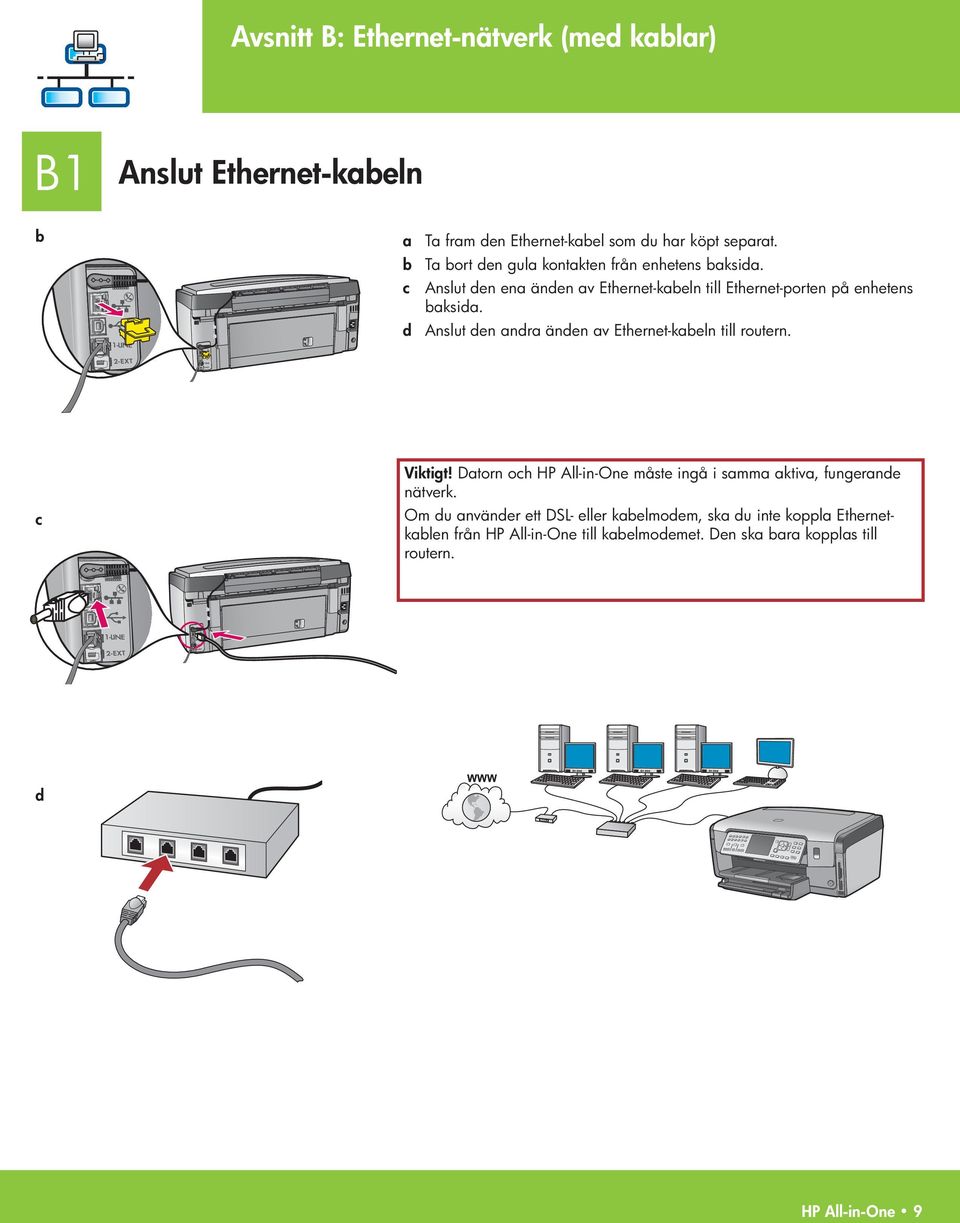 d Anslut den andra änden av Ethernet-kabeln till routern. c Viktigt! Datorn och HP All-in-One måste ingå i samma aktiva, fungerande nätverk.