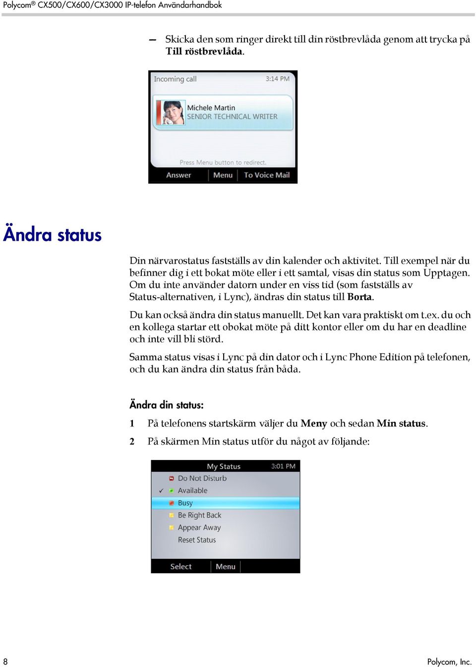 Om du inte använder datorn under en viss tid (som fastställs av Status-alternativen, i Lync), ändras din status till Borta. Du kan också ändra din status manuellt. Det kan vara praktiskt om t.ex.