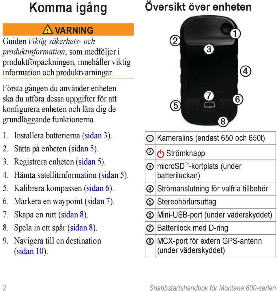 Sätta på enheten (sidan 5). 3. Registrera enheten (sidan 5). 4. Hämta satellitinformation (sidan 5). 5. Kalibrera kompassen (sidan 6). 6. Markera en waypoint (sidan 7). 7. Skapa en rutt (sidan 8)