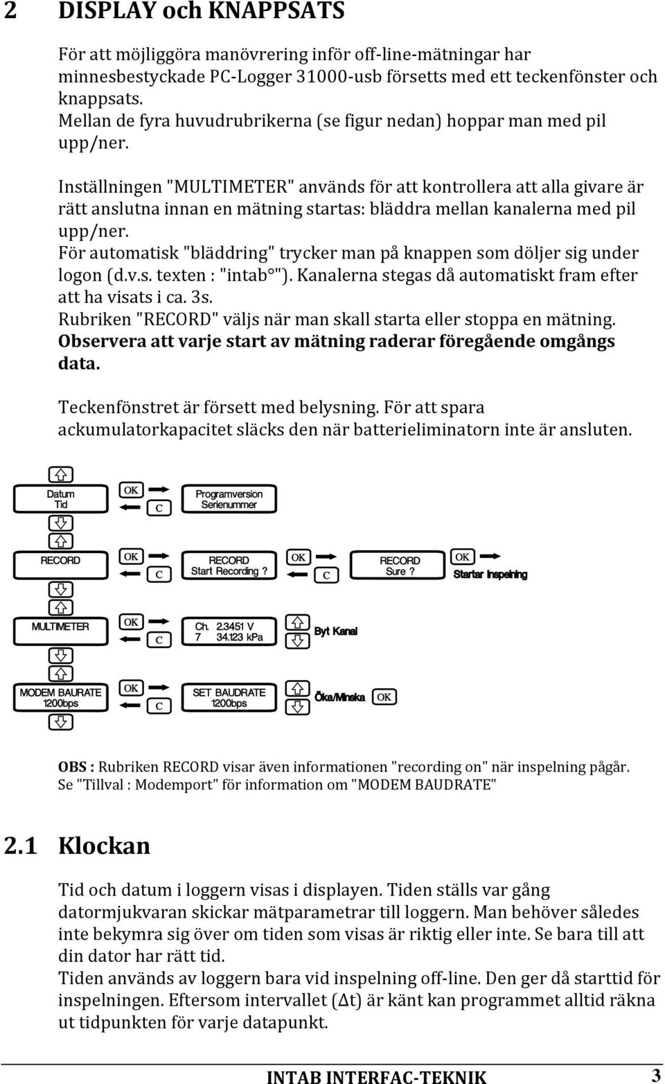 Inställningen "MULTIMETER" används för att kontrollera att alla givare är rätt anslutna innan en mätning startas: bläddra mellan kanalerna med pil upp/ner.