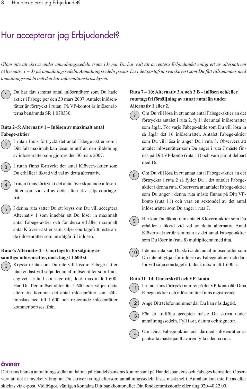 1 Du har fått samma antal inlösenrätter som Du hade aktier i Fabege per den 30 mars 2007. Antalet inlösenrätter är förtryckt i rutan. På VP-kontot är inlösenrätterna benämnda SR 1 070330.