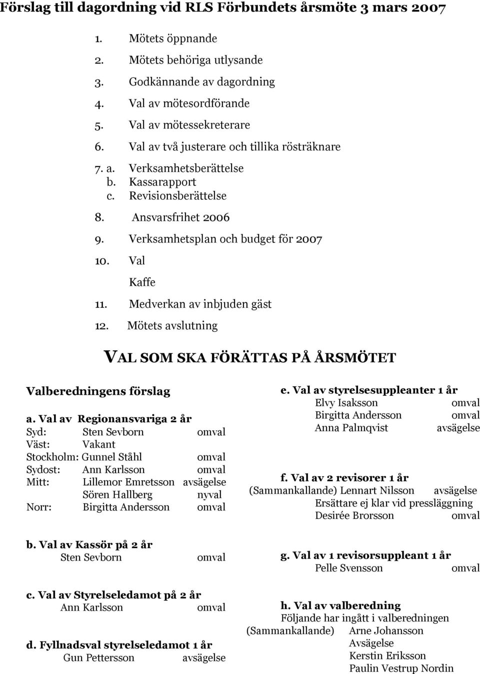 Medverkan av inbjuden gäst 12. Mötets avslutning VAL SOM SKA FÖRÄTTAS PÅ ÅRSMÖTET Valberedningens förslag a.