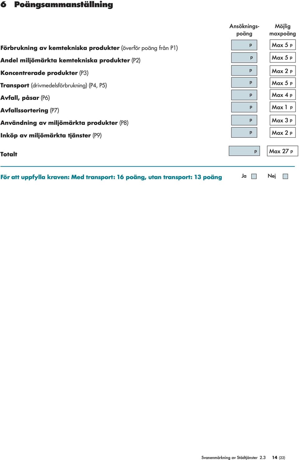 Användning av mijömärkta produkter (P8) Inköp av mijömärkta tjänster (P9) p Max 5 p p Max 5 p p Max 2 p p Max 5 p p Max 4 p p Max 1 p p