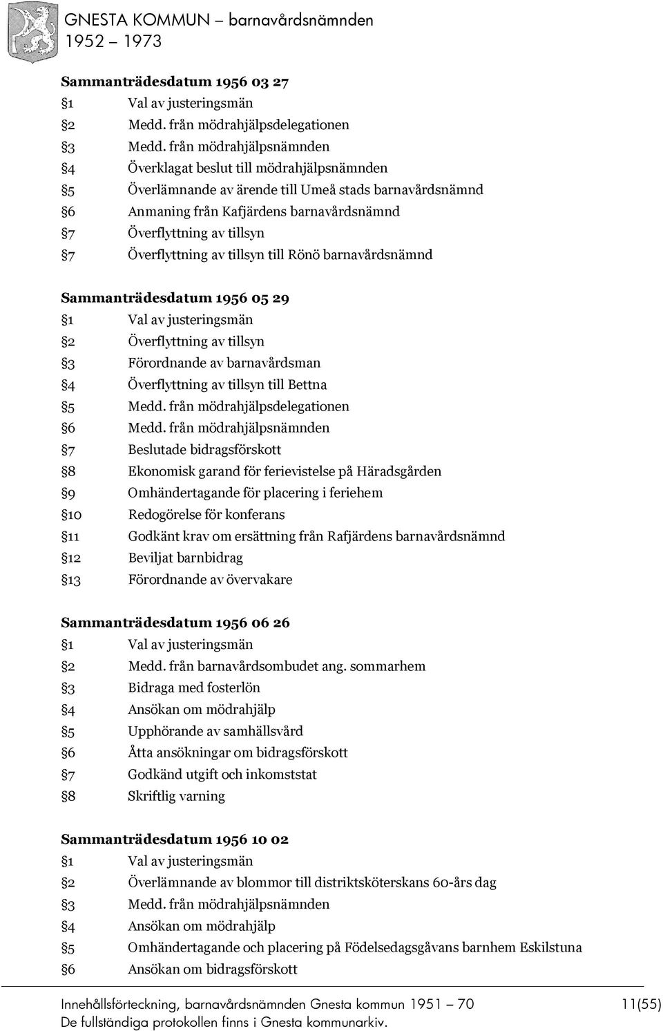 Överflyttning av tillsyn till Rönö barnavårdsnämnd Sammanträdesdatum 1956 05 29 2 Överflyttning av tillsyn 3 Förordnande av barnavårdsman 4 Överflyttning av tillsyn till Bettna 5 Medd.