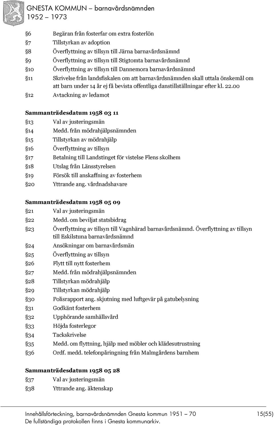 22.00 12 Avtackning av ledamot Sammanträdesdatum 1958 03 11 13 Val av justeringsmän 14 Medd.