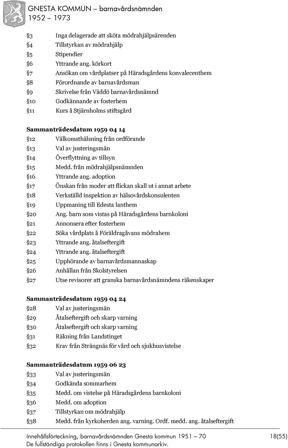 Sammanträdesdatum 1959 04 14 12 Välkomsthälsning från ordförande 13 Val av justeringsmän 14 Överflyttning av tillsyn 15 Medd. från mödrahjälpsnämnden 16 Yttrande ang.