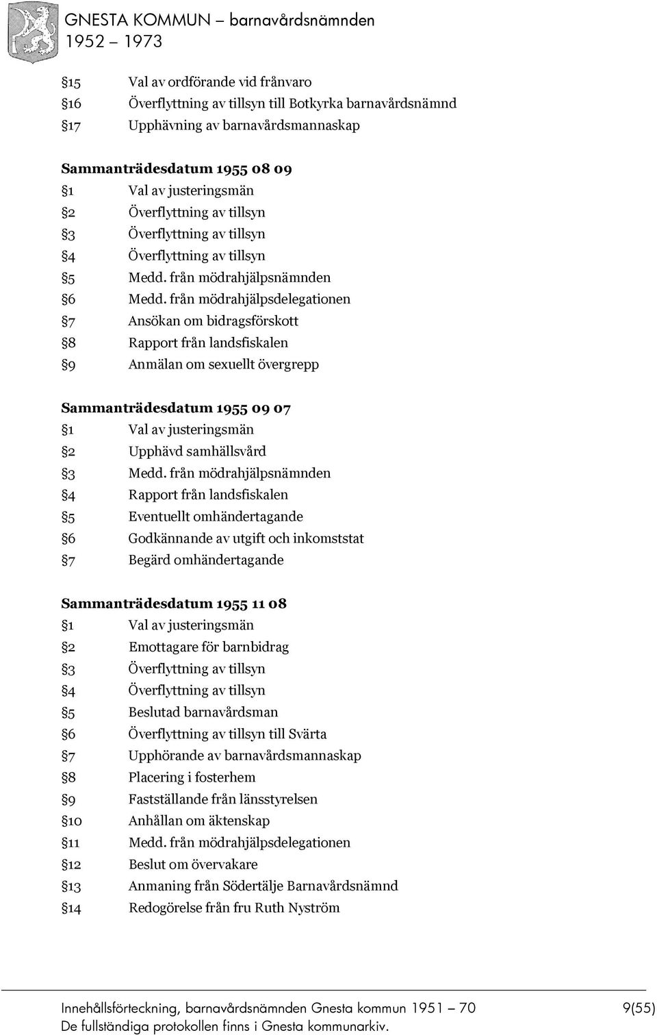 från mödrahjälpsdelegationen 7 Ansökan om bidragsförskott 8 Rapport från landsfiskalen 9 Anmälan om sexuellt övergrepp Sammanträdesdatum 1955 09 07 2 Upphävd samhällsvård 3 Medd.