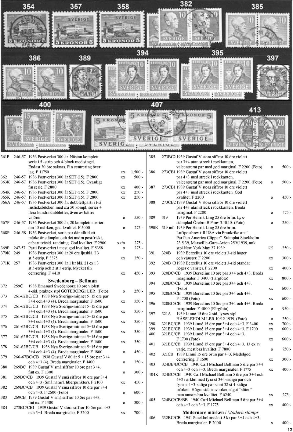 F 2800 xx 250:- 365K 246-57 1936 Postverket 300 år SET (15). F 2800 xx 250:- 366A 246-57 1936 Postverket 300 år, dubblettparti i två insticksböcker, med c:a 50 kompl.