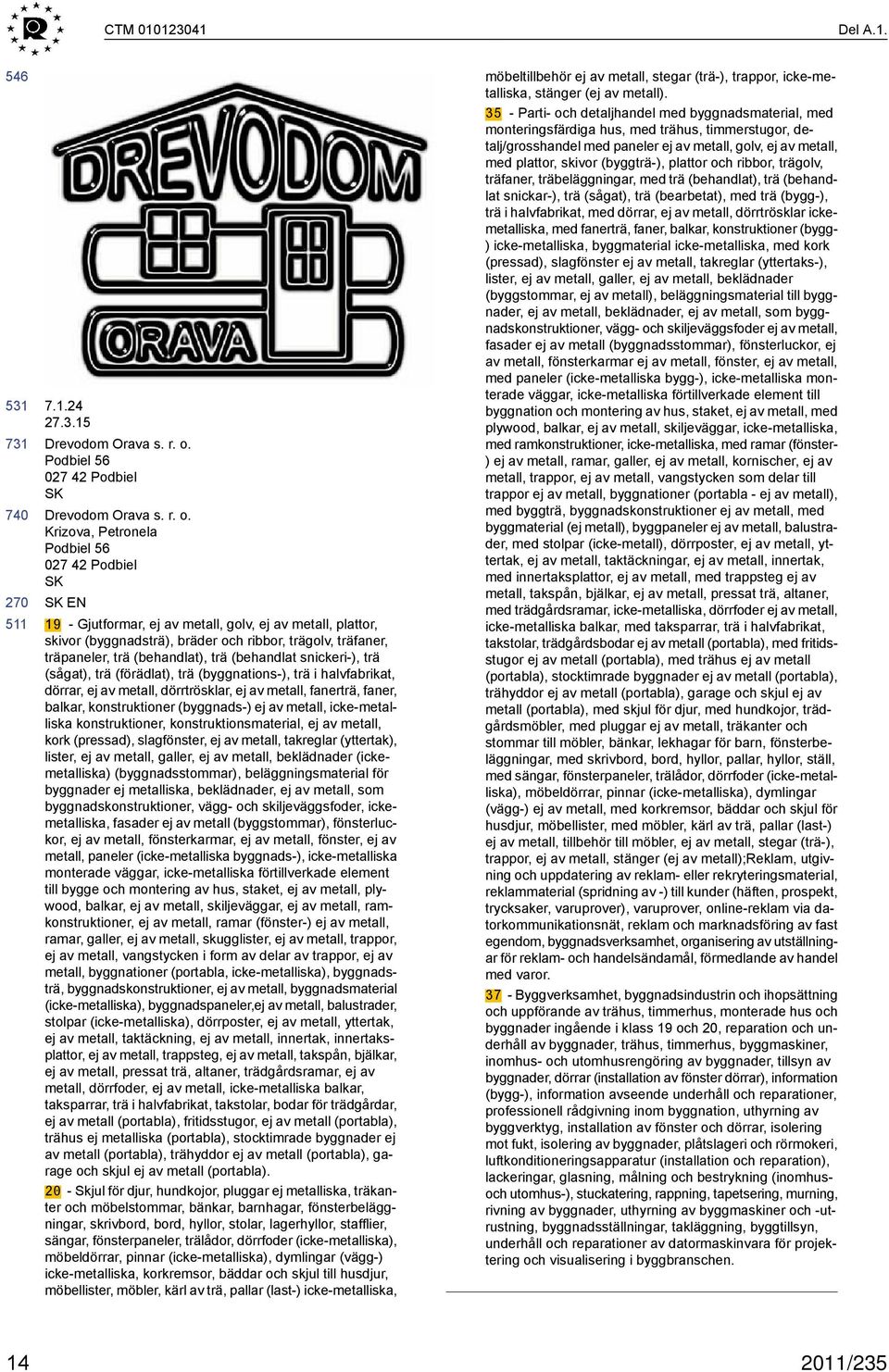 Krizova, Petronela Podbiel 56 27 42 Podbiel SK SK EN 19 - Gjutformar, ej av metall, golv, ej av metall, plattor, skivor (byggnadsträ), bräder och ribbor, trägolv, träfaner, träpaneler, trä