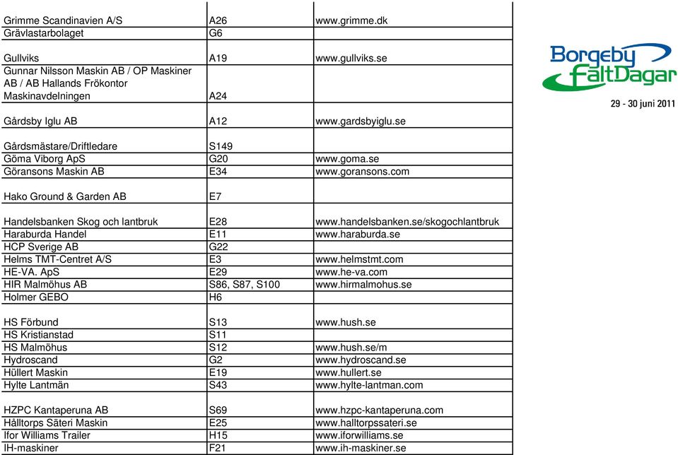 se Göransons Maskin AB E34 www.goransons.com Hako Ground & Garden AB E7 Handelsbanken Skog och lantbruk E28 www.handelsbanken.se/skogochlantbruk Haraburda Handel E11 www.haraburda.