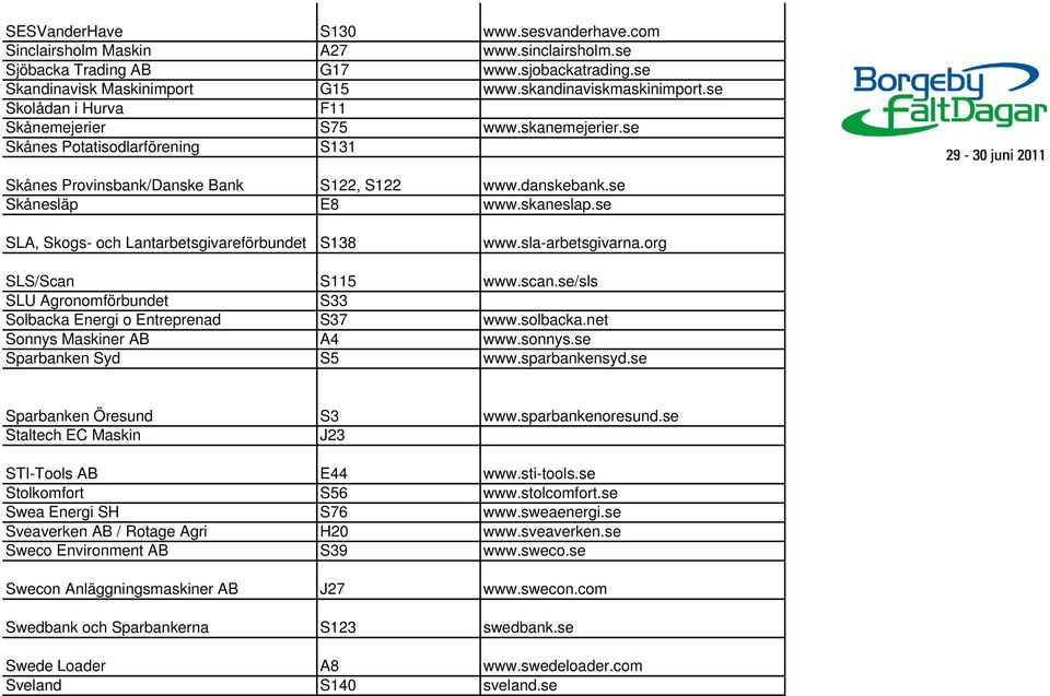 se SLA, Skogs- och Lantarbetsgivareförbundet S138 www.sla-arbetsgivarna.org SLS/Scan S115 www.scan.se/sls SLU Agronomförbundet S33 Solbacka Energi o Entreprenad S37 www.solbacka.