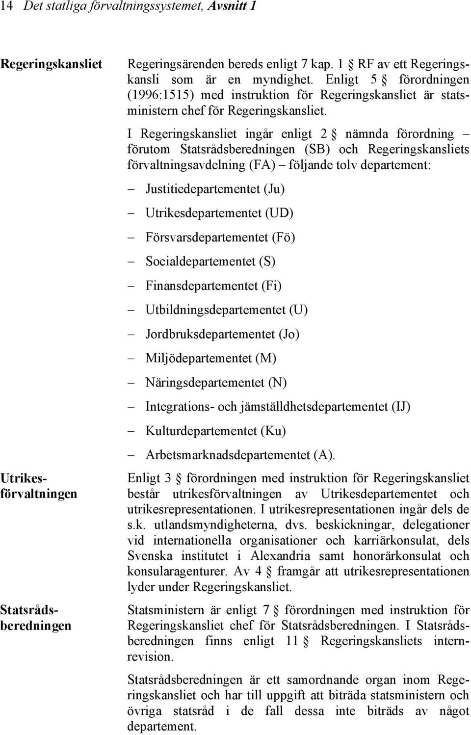 I Regeringskansliet ingår enligt 2 nämnda förordning förutom Statsrådsberedningen (SB) och Regeringskansliets förvaltningsavdelning (FA) följande tolv departement: Justitiedepartementet (Ju)